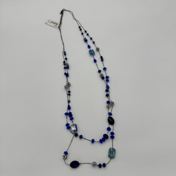 Bead and Crystals Necklace Blue & Antiqued Gold Tone Chain New With Tags & Box - Picture 4 of 8